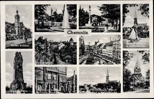 Ak Chemnitz in Sachsen, Neues Rathaus, Lutherkirche, Markt, Theaterstraße, Schauspielhaus