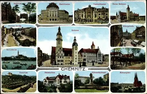 Ak Chemnitz in Sachsen, Rathaus, Stadttheater, Sanatorium, Rosarium, Schlossteich