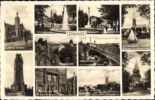 Ak Chemnitz in Sachsen, Rathaus, Bismarckturm, Lutherkirche, Siegessäule