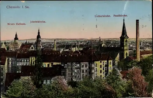 Ak Chemnitz in Sachsen, Stadtpanorama, Neues Rathaus, Jakobikirche, Lutherkirche, Paulikirche