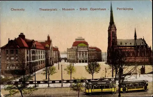 Ak Chemnitz in Sachsen, Theaterplatz, Museum, Städt. Opernhaus, Petrikirche, Straßenbahn