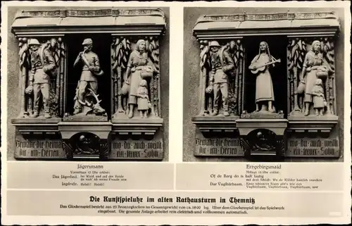 Ak Chemnitz Sachsen, Kunstspieluhr am alten Rathausturm, Jägersmann, Erzgebirgsmaid