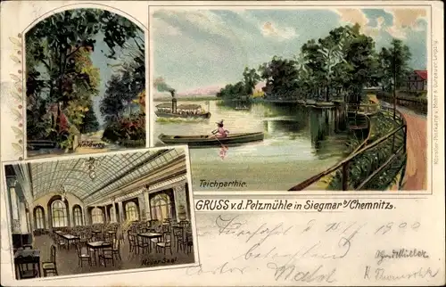 Litho Siegmar Chemnitz in Sachsen, Restaurant Pelzmühle, Neuer Saal, Waldweg, Teichpartie