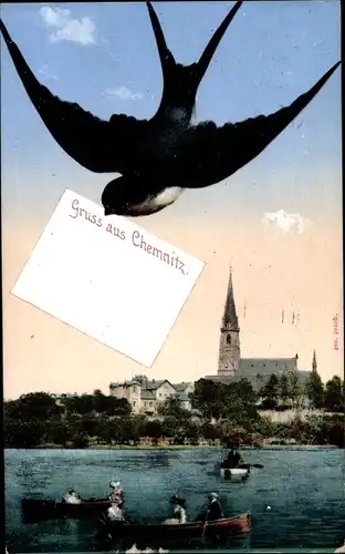 Ak Chemnitz in Sachsen, Rudernboote, Kirche, Schwalbe