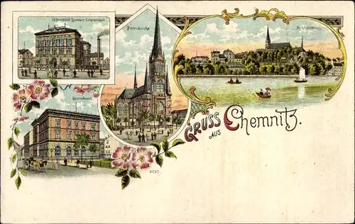 Litho Chemnitz Sachsen, Handelslehranstalt, Reichsbank, Petrikirche, Schlossteich