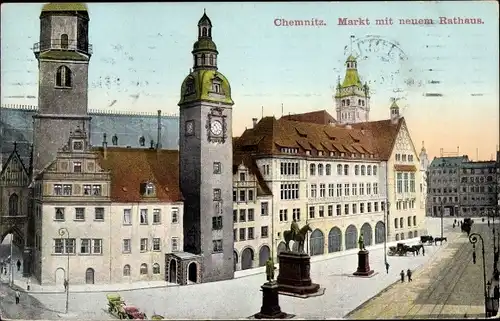 Ak Chemnitz in Sachsen, Markt mit neuem Rathaus, Reiterstandbild
