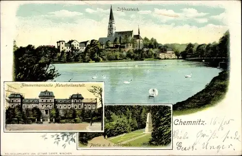 Ak Chemnitz in Sachsen, Schlossteich, Zimmermannsche Naturheilanstalt, Partie am Stadtpark