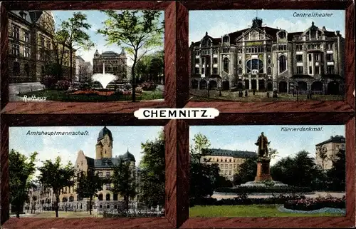 Ak Chemnitz in Sachsen, Rathaus, Centraltheater, Amtshauptmannschaft, Körnerdenkmal
