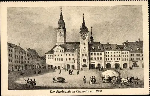 Ak Chemnitz in Sachsen, Marktplatz um 1830, Pferdekarren