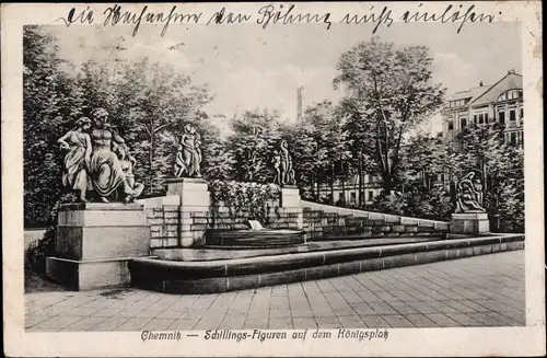 Ak Chemnitz Sachsen, Schillings-Figuren auf dem Königsplatz