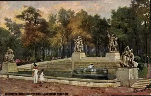 Künstler Ak Beraud, N., Chemnitz in Sachsen, Brunnen mit Schilling'schen Figuren