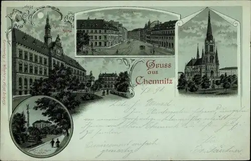 Mondschein Litho Chemnitz in Sachsen, Kirche, Rathaus, Börse, Kirche, Denkmal