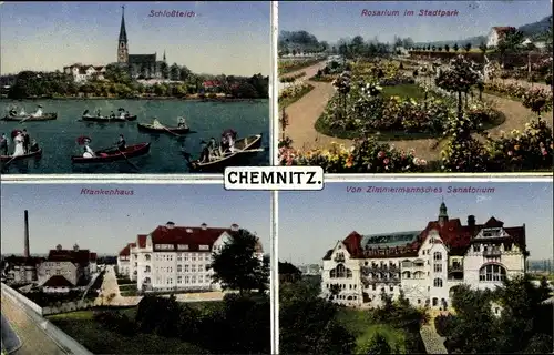 Ak Chemnitz Sachsen, Schloßteich, Rosarium, Stadtpark, Zimmermansches Sanatorium