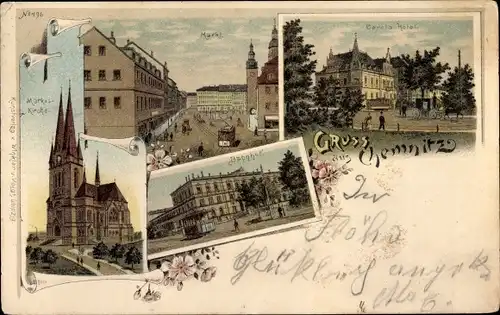 Litho Chemnitz Sachsen, Carols Hotel, Markt, Markuskirche, Bahnhof