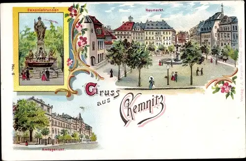 Litho Chemnitz in Sachsen, Saxoniabrunnen, Neumarkt, Amtsgericht