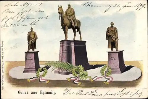 Ak Chemnitz in Sachsen, Denkmal Kaiser Wilhelm I., Bismarck, Moltke