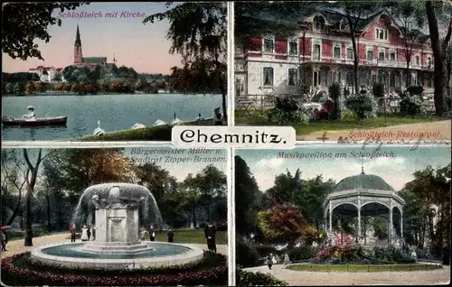 Ak Chemnitz Sachsen, Bgm. Müller u. Stadtrat Zipper-Brunnen, Musikpavillon am Schlossteich, Kirche