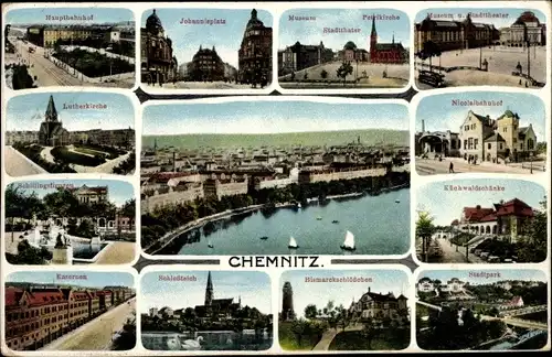 Ak Chemnitz Sachsen, Hauptbahnhof, Kasernen, Stadttheater, Museum, Petrikirche, Lutherkirche, Park