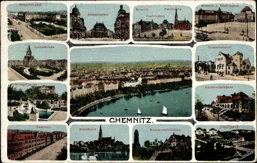 Ak Chemnitz Sachsen, Schlossteich, Kirche, Johannisplatz, Bahnhof, Kasernen, Stadtpark