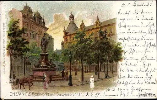 Litho Chemnitz in Sachsen, Rossmarkt mit Saxoniabrunnen