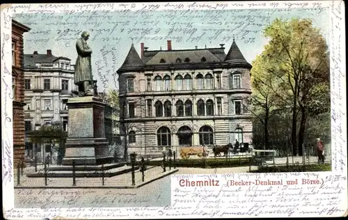 Ak Chemnitz in Sachsen, Becker-Denkmal und Börse