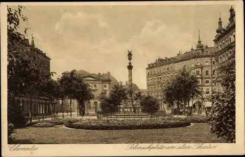 Ak Chemnitz in Sachsen, Schmuckplatz am alten Theater, Denkmal