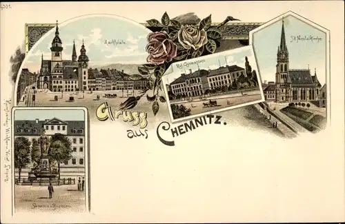 Litho Chemnitz Sachsen, Marktplatz, Nikolaikirche, Gymnasium, Brunnen