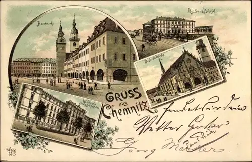 Litho Chemnitz in Sachsen, Hauptmarkt, Bahnhof, Straßenseite, Kirche