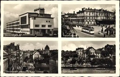 Ak Chemnitz Sachsen, Diesterwegschule, Straßenbahn, Hauptbahnhof, Schloßteich, roter Turm