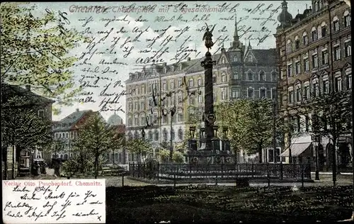 Ak Chemnitz in Sachsen, Theaterplatz mit Siegesdenkmal
