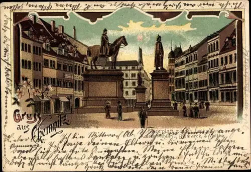 Litho Chemnitz Sachsen, Marktplatz mit den Denkmälern Kaiser Wilhelm I, Bismarck, Moltke