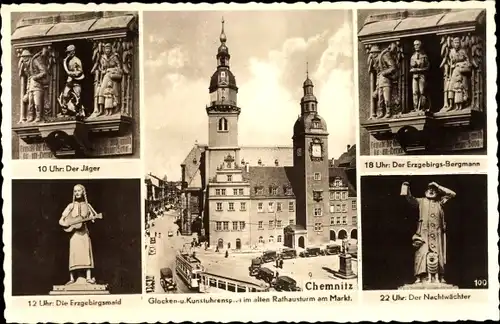Ak Chemnitz in Sachsen, Glocken- und Kunstuhrenspiel im alten Rathausturm am Markt