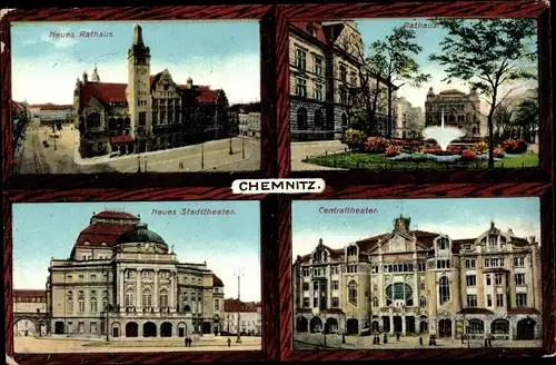 Ak Chemnitz Sachsen, Rathaus, neues Stadttheater, Centraltheater, Neues Rathaus