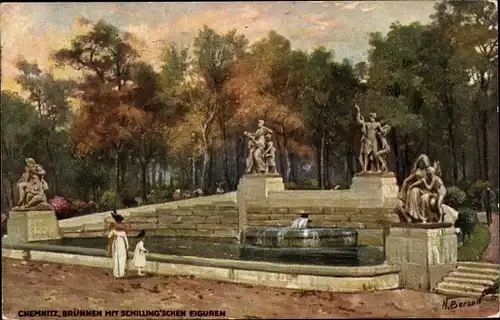 Künstler Ak Beraud, N., Chemnitz in Sachsen, Brunnen mit Schilling'schen Figuren