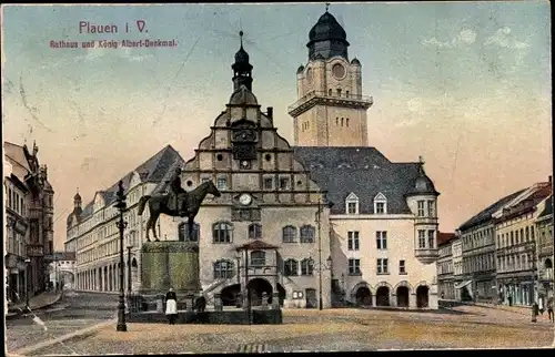 Ak Plauen im Vogtland, Rathaus und König Albert Denkmal
