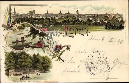 Litho Leipzig in Sachsen, Pleissenpfahlbau Wassergott, Panoramablick, Liebespaar, Ruderpartie