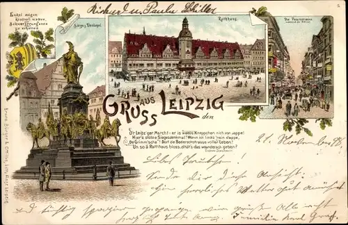 Litho Leipzig in Sachsen, Siegesdenkmal, Rathaus, Petersstraße