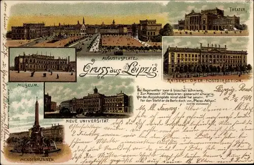 Litho Leipzig in Sachsen, Theater, Augustusplatz, Universität, Museum, Postdirection