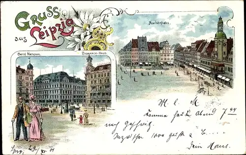 Litho Leipzig in Sachsen, Markt, Café National, Bismarck-Haus