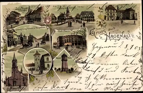 Litho Haguenau Hagenau im Elsass Bas Rhin, Ritterturm, Wasserturm, Landweg, Postgebäude