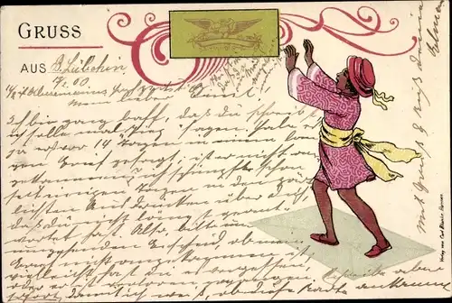 Litho Gruß aus, Mann mit Hut und erhobenen Händen, Banner mit Adler