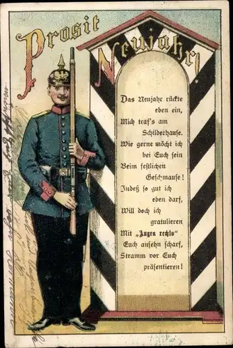 Ak Glückwunsch Neujahr, Wachsoldat, Unter dem Gewehr, wie's üblich ist beim Militär