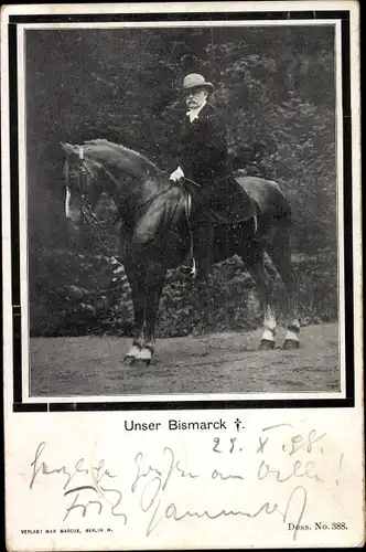 Ak Fürst Otto von Bismarck, Portrait auf einem Pferd