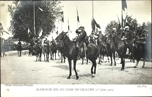 Ak Camp de Chalons Camp de Mourmelon Marne, Alphonse XIII, Alfonso XIII