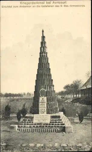 Ak Avricourt Elfringen Lothringen Moselle, Kriegerdenkmal für die Gefallenen des 9. Res. Armeekorps