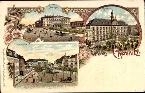 Litho Chemnitz Sachsen, Rathaus, Bahnhof, Neumarkt