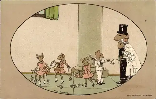 Künstler Ak Jordens, Bep, Vermenschlichte Mäuse, In de Kerk, Hochzeit