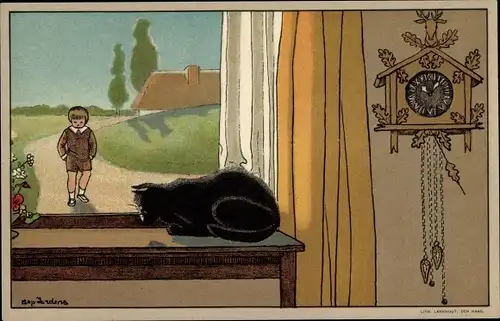 Künstler Ak Jordens, Bep, In den Zonneschijn, Katze auf dem Fensterbrett, Uhr