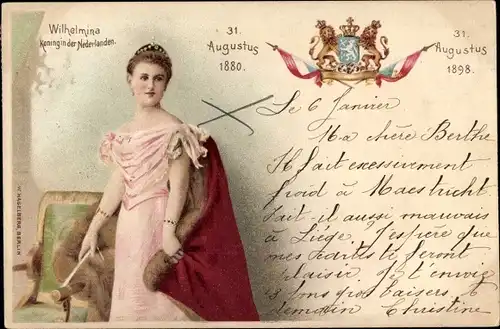 Litho Königin Wilhelmina der Niederlande, Portrait, 31. August 1898