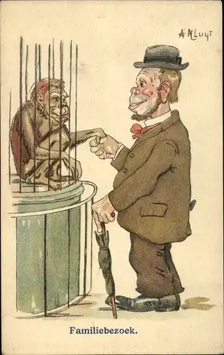 Künstler Ak Luijt, A. M., Familiebezoek, Mann und Affe imZoo